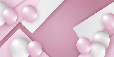 Gül pembesi beyaz balonlar, konfeti tasarımı tatil şablonu Mutlu Gün, arka plan kutlama vektörü illüstrasyonu.