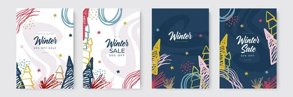 Winterschlussverkauf Und Frohe Weihnachtsgrüßkarten Mit Handgezeichnetem Und Biologischem Stil Trendige — Stockvektor