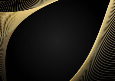 Altın çizgili soyut lüks siyah arka plan. Fotokopi alanı olan zarif modern arkaplan. Kapak broşürü, poster, afiş ağı, baskı reklamı vs. için kullanabilirsiniz.