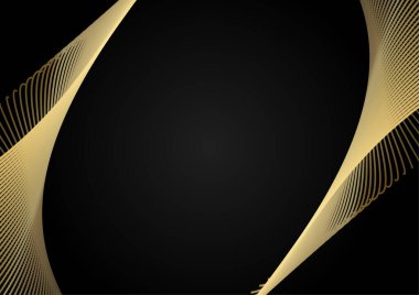 Soyut zarif şablon siyah ve altın çizgi üst üste binen boyut koyu arka plan lüks tarzı. Siyah arkaplanda soyut çizgiler altın çizgiler