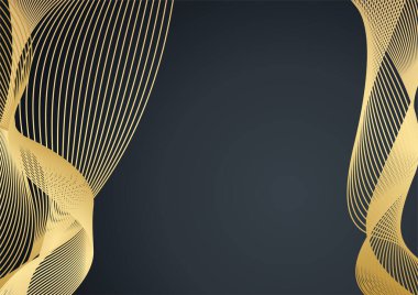 Soyut koyu gri metalik altın sarısı lüks tasarım modern fütürist arka plan çizimi. Siyah arkaplanda soyut altın dalgalar. Altın çizgileri olan soyut lüks siyah arkaplan.
