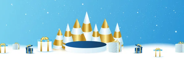 Різдвяний Банер Синьому Фоні Снігом Сніжинкою Подіумом Сценою Ялинкою Подарунковою — стоковий вектор
