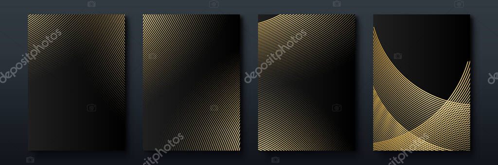Elegant luxury black and gold cover design backgroung with abstract lines. Modern black stripe cover design set. Luxury creative gold dynamic diagonal line pattern. Formal premium vector for business