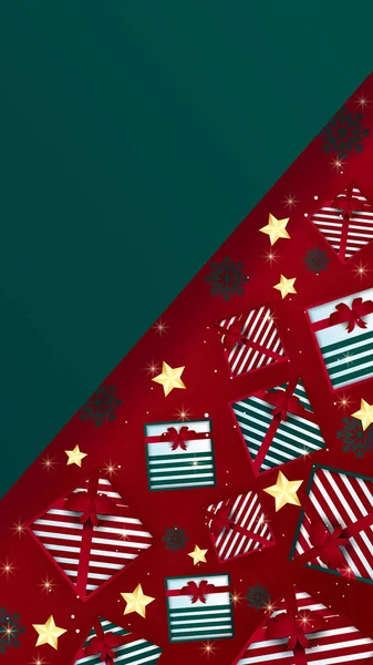 Bunte Weihnachtsbanner Mit Niedlichen Winter Illustrationen Rotgrüner Und Goldener Farbe — Stockvektor