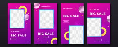 Sancak satışı, sunum, ilan, poster, davetiye için hikaye şablonu ayarlandı. Mobil uygulama için ekran arka planı. Instagram hikayesi maketi. Kara Cuma indirimli sosyal medya paketi premium vektörü
