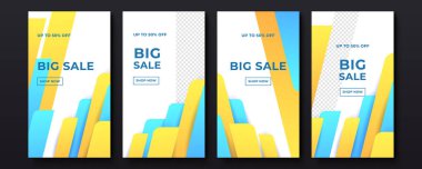 Sancak satışı, sunum, ilan, poster, davetiye için hikaye şablonu ayarlandı. Mobil uygulama için ekran arka planı. Instagram hikayesi maketi. Kara Cuma indirimli sosyal medya paketi premium vektörü