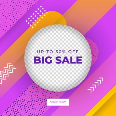 Turuncu mavi mor vektör illüstrasyon indirimli afiş şablon tasarımı. Büyük satış, süper satış, son yıl satışı, Kara Cuma, sezon sonu özel teklif afişi. Soyut tanıtım planı posteri.