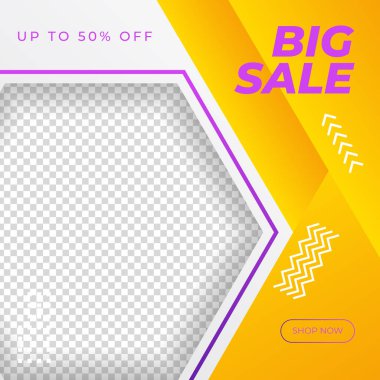 Sarı kare elementli büyük ve mega satış için vektör kare pankart şablonları.