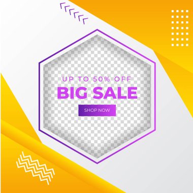 Sarı kare elementli büyük ve mega satış için vektör kare pankart şablonları.