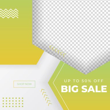 Sarı yeşil kare elementli büyük ve mega satış için vektör kare pankart şablonları.