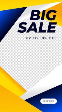 Düzenlenebilir hikayeler afiş şablonu. Çizgili çizgi şeklinde mavi ve sarı arkaplan rengi. Sosyal medya paylaşımı, instagram ve internet reklamları için uygun. Fotoğraf okuluyla vektör illüstrasyonu