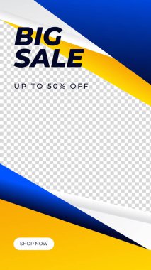 Düzenlenebilir hikayeler afiş şablonu. Çizgili çizgi şeklinde mavi ve sarı arkaplan rengi. Sosyal medya paylaşımı, instagram ve internet reklamları için uygun. Fotoğraf okuluyla vektör illüstrasyonu