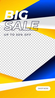 Düzenlenebilir hikayeler afiş şablonu. Çizgili çizgi şeklinde mavi ve sarı arkaplan rengi. Sosyal medya paylaşımı, instagram ve internet reklamları için uygun. Fotoğraf okuluyla vektör illüstrasyonu