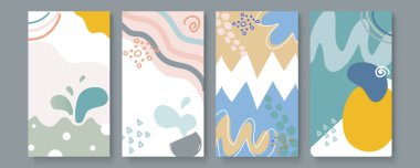 Bir dizi soyut yaratıcı evrensel sanatsal şablonlar. Soyut moda el çizimi şekiller ve tasarım elementleri. Kalıp oluşturma ayarlandı. Vektör illüstrasyonu