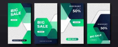 Afiş satış promosyonu, sunum, el ilanı, poster, davetiye için hikaye şablonu. Geometrik elementler ve fotoğraf koleji ile büyük ve mega satış için web afişi şablonları. Vektör illüstrasyonu.