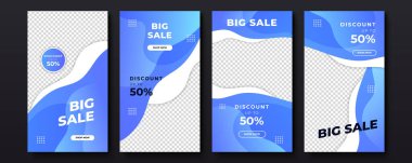 Afiş satış promosyonu, sunum, el ilanı, poster, davetiye için hikaye şablonu. Geometrik elementler ve fotoğraf koleji ile büyük ve mega satış için web afişi şablonları. Vektör illüstrasyonu.