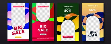 Afiş satış promosyonu, sunum, el ilanı, poster, davetiye için hikaye şablonu. Geometrik elementler ve fotoğraf koleji ile büyük ve mega satış için web afişi şablonları. Vektör illüstrasyonu.