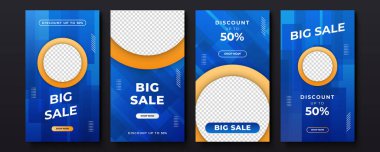 Afiş satış promosyonu, sunum, el ilanı, poster, davetiye için hikaye şablonu. Geometrik elementler ve fotoğraf koleji ile büyük ve mega satış için web afişi şablonları. Vektör illüstrasyonu.