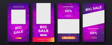 Afiş satış promosyonu, sunum, el ilanı, poster, davetiye için hikaye şablonu. Geometrik elementler ve fotoğraf koleji ile büyük ve mega satış için web afişi şablonları. Vektör illüstrasyonu.