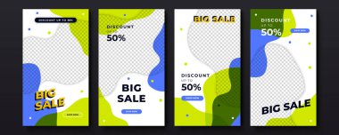 Afiş satış promosyonu, sunum, el ilanı, poster, davetiye için hikaye şablonu. Geometrik elementler ve fotoğraf koleji ile büyük ve mega satış için web afişi şablonları. Vektör illüstrasyonu.