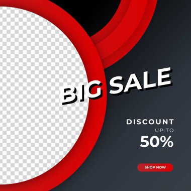 Geometrik elementli büyük ve mega satış için vektör kare web pankartı şablonları. Sosyal medya paylaşımı, instagram ve internet reklamları için uygun. Fotoğraf okuluyla vektör illüstrasyonu