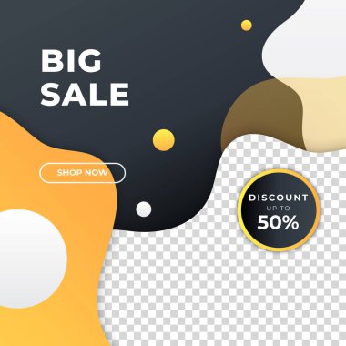 Geometrik elementli büyük ve mega satış için vektör kare web pankartı şablonları. Sosyal medya paylaşımı, instagram ve internet reklamları için uygun. Fotoğraf okuluyla vektör illüstrasyonu