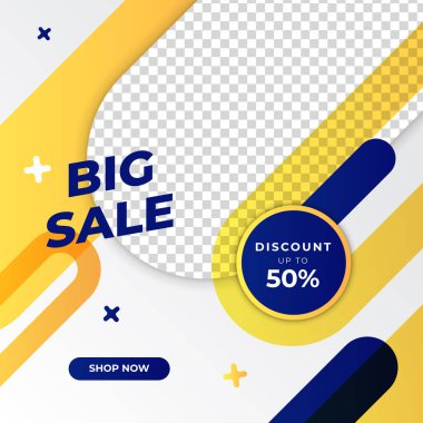 Geometrik elementli büyük ve mega satış için vektör kare web pankartı şablonları. Sosyal medya paylaşımı, instagram ve internet reklamları için uygun. Fotoğraf okuluyla vektör illüstrasyonu