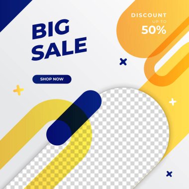 Geometrik elementli büyük ve mega satış için vektör kare web pankartı şablonları. Sosyal medya paylaşımı, instagram ve internet reklamları için uygun. Fotoğraf okuluyla vektör illüstrasyonu