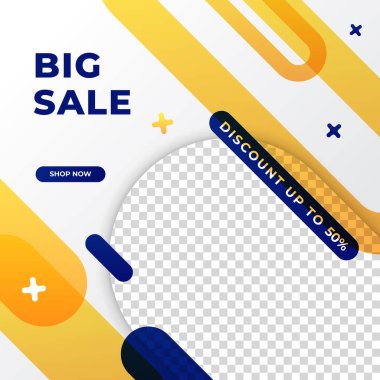 Geometrik elementli büyük ve mega satış için vektör kare web pankartı şablonları. Sosyal medya paylaşımı, instagram ve internet reklamları için uygun. Fotoğraf okuluyla vektör illüstrasyonu