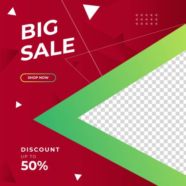 Geometrik elementli büyük ve mega satış için vektör kare web pankartı şablonları. Sosyal medya paylaşımı, instagram ve internet reklamları için uygun. Fotoğraf okuluyla vektör illüstrasyonu