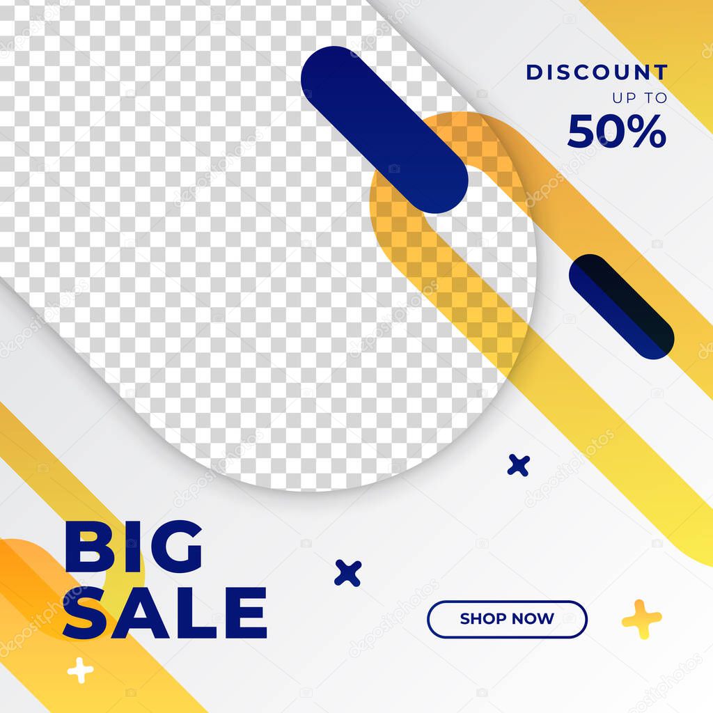 Vector square web banner templates for big and mega sale with geometric elements. Suitable for social media post, instagram and web internet ads. Vector illustration with photo college