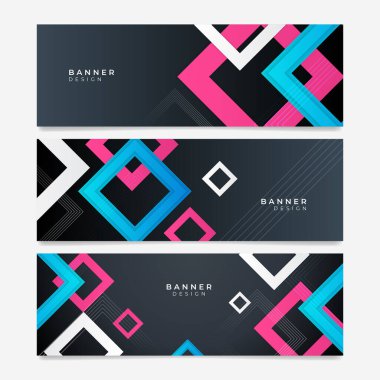 Dalgalı ve geometrik şekilli renkli web afişi. Canlı renkleri ve soyut arkaplanı olan yatay tanıtım pankartları koleksiyonu. Başlık tasarımı. Canlı kupon şablonu.