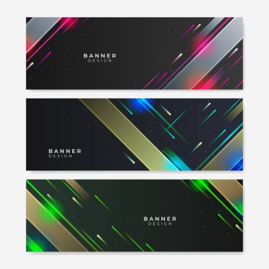 Soyut geometrik arkaplanı olan renkli web afişi. Pastel gradyan renklere ve soyut geometrik arkaplana sahip yatay tanıtım pankartları koleksiyonu. Başlık tasarımı. Canlı kupon şablonu.