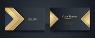 Modern İş Kartı - Yaratıcı ve Temiz İş Kartı Şablonu. Lüks kartvizit tasarım şablonu. Soyut altın dalgalı çizgileri parlak, koyu renkli arka plan. Vektör illüstrasyonu