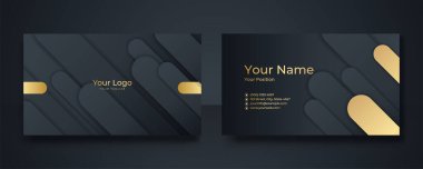 Modern İş Kartı - Yaratıcı ve Temiz İş Kartı Şablonu. Lüks kartvizit tasarım şablonu. Soyut altın dalgalı çizgileri parlak, koyu renkli arka plan. Vektör illüstrasyonu