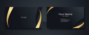 Modern İş Kartı - Yaratıcı ve Temiz İş Kartı Şablonu. Lüks kartvizit tasarım şablonu. Soyut altın dalgalı çizgileri parlak, koyu renkli arka plan. Vektör illüstrasyonu