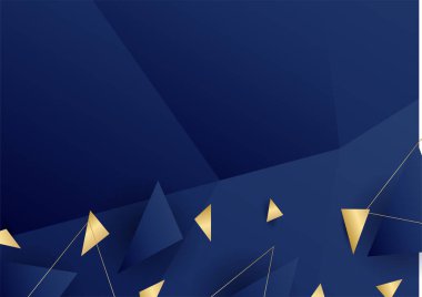 Modern koyu mavi ve altın soyut arka plan. Soyut çokgen desenli lüks koyu mavi ve altın rengi. Koyu lacivert ve altın rengi geometrik çizgiler ve arka plan. Sunum, afiş, kapak için tasarım.