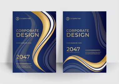 Yaratıcı altın mavisi minimalist kapaklar, şablonlar, posterler, afişler, broşürler, afişler, el ilanları ve benzerleri. Dalgalı çizgileri olan soyut geometrik çizgili arka planlar. Zarif moda tasarımı