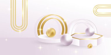 Minimal white pink scene with golden ball element and lines. Cylindrical gold and white podium on a pink background. 3D stage for displaying a cosmetic product clipart