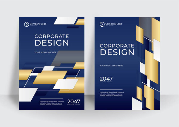 Сине-золотое белое векторное изображение съедобного макета обложки с геометрическим фоном для брошюры, журнала, листовки, буклета, годового отчета.