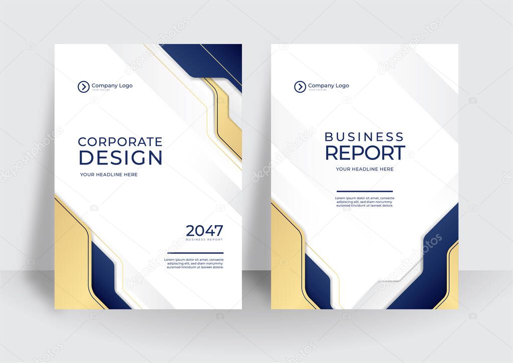 Modern blue gold business cover template. For brochure, annual report, flyer design templates in A4 size. Vector illustrations for business presentation, business paper, corporate document cover