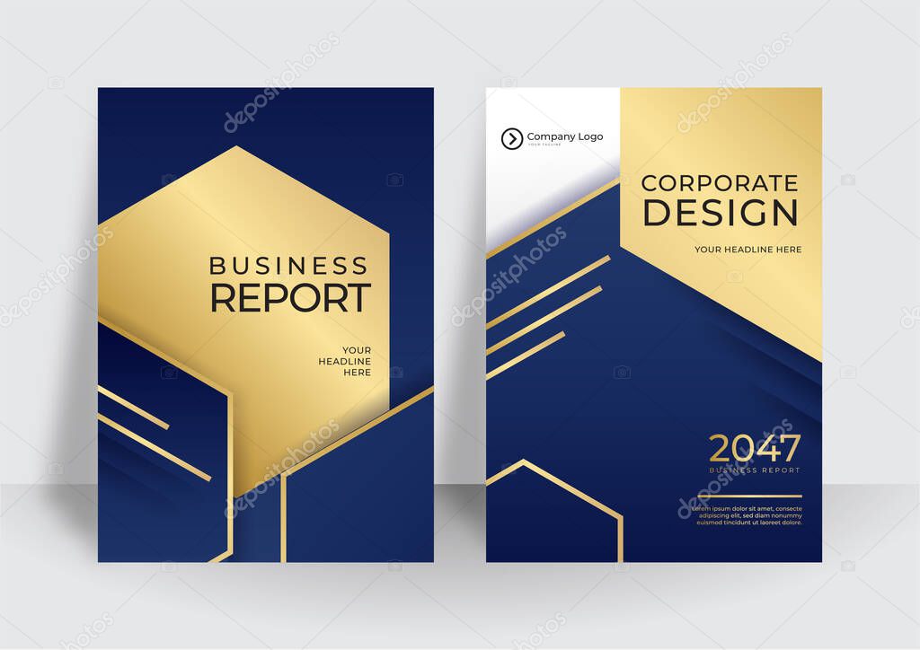 The blue gold white business vector illustration of the editable layout of A4 format cover mockups design templates with geometric background for brochure, magazine, flyer, booklet, annual report.