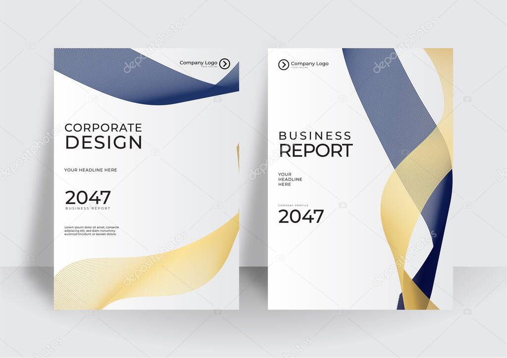 The blue gold white business vector illustration of the editable layout of A4 format cover mockups design templates with geometric background for brochure, magazine, flyer, booklet, annual report.
