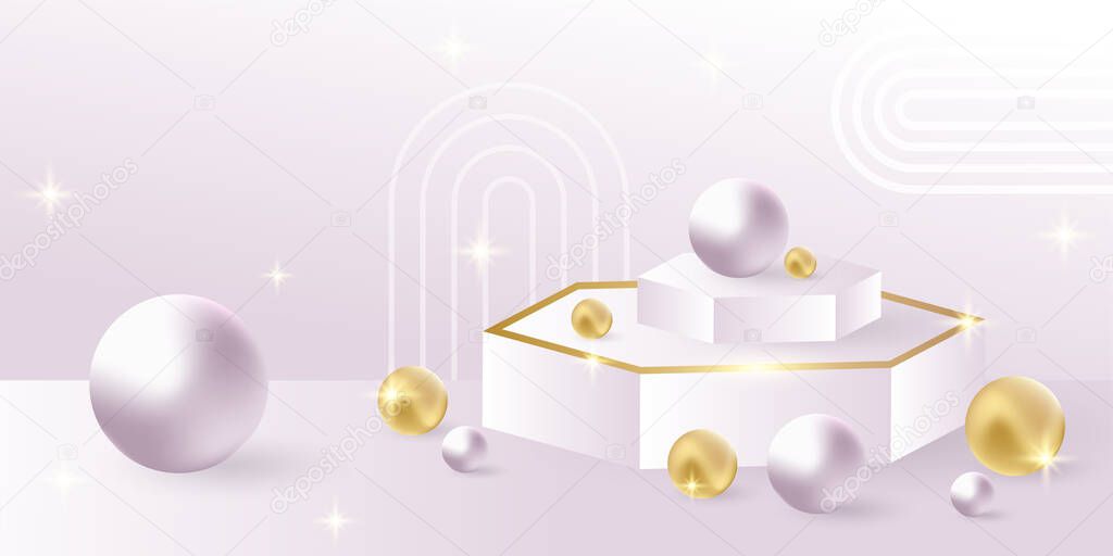 Minimal white pink scene with golden ball element and lines. Cylindrical gold and white podium on a pink background. 3D stage for displaying a cosmetic product