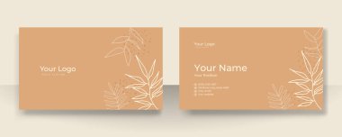 Zarif organik desenli kartvizit tasarımı. Bronzlaşmış bej rengi şampanyalar kahverengi yumuşak pastel damlalar, sıvı, çiçek, botanik, minimalist dekorasyon sanatıyla modern konsept. Moda Vektörü illüstrasyonu