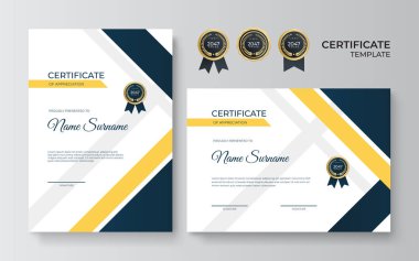 Modern lüks altın ve mavi diploma şablonu. İş ve şirket için altın rozet, sınır ve lüks şablon sertifikası. Premium tasarım vektörü.