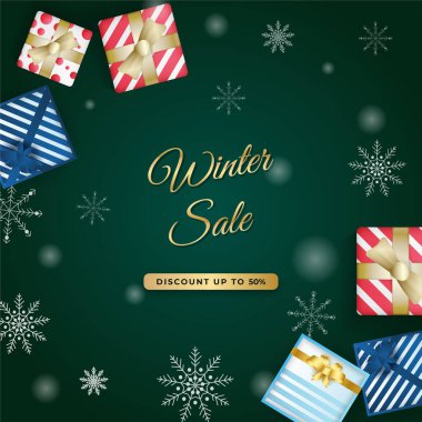 Alışveriş promosyonu için mavi ve altın kar taneleri arka planında indirimli metin ve kar unsurları içeren kışın satış vektör posteri ya da afişi. Vektör çizimi. Noel sonu yıl sonu arkaplanı