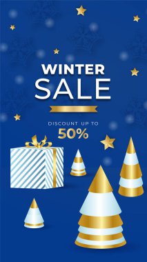 Alışveriş promosyonu için mavi ve altın kar taneleri arka planında indirimli metin ve kar unsurları içeren kışın satış vektör posteri ya da afişi. Vektör çizimi. Noel sonu yıl sonu arkaplanı