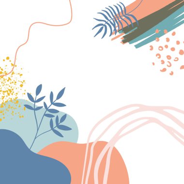 Akan sıvı şekilleri, çiçekleri, fırçaları, yaprakları, el yapımı dokuları ve kabarcıkları olan son moda minimalist organik arka plan. Bronz, çıplak, şampanya, bej, pastel, pembe, kahverengi, toprak rengi.