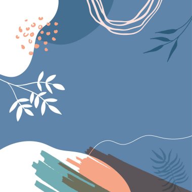 Akan sıvı şekilleri, çiçekleri, fırçaları, yaprakları, el yapımı dokuları ve kabarcıkları olan son moda minimalist organik arka plan. Bronz, çıplak, şampanya, bej, pastel, pembe, kahverengi, toprak rengi.